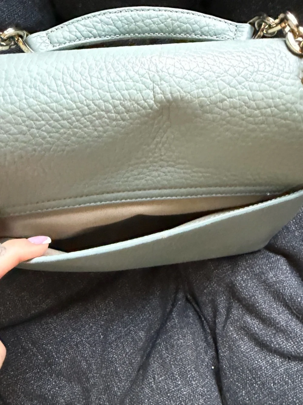 Furla Pebbled Leather Satchel in Pale Blue with Gold Hardware